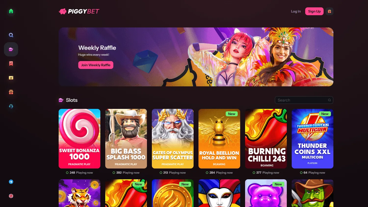 Piggybet Casino desktop game lobby with casino categories