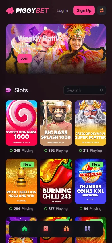 Piggybet Casino game lobby opened in a mobile browser