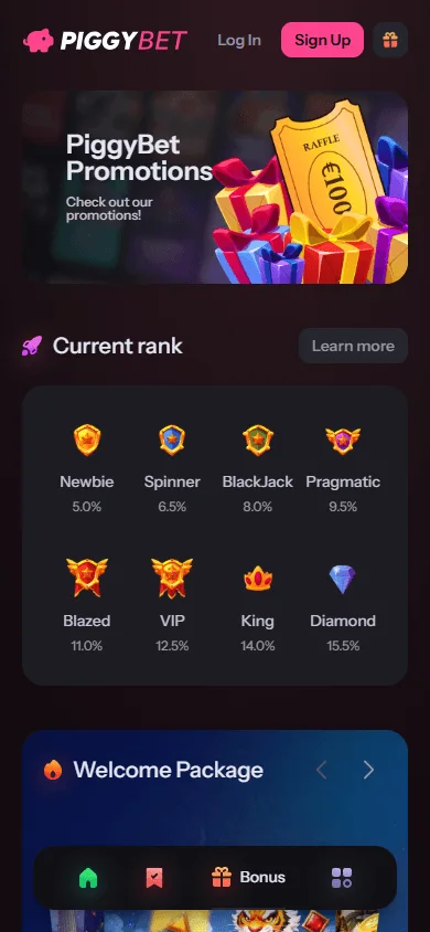 Piggybet Casino promotions area opened in a mobile browser