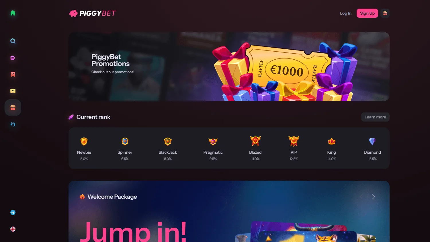 Piggybet Casino desktop promotions area with bonus offers