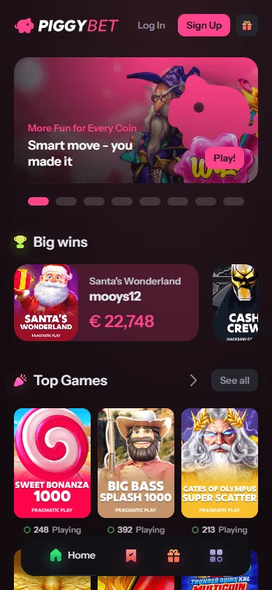 Piggybet Casino home screen opened in a mobile browser